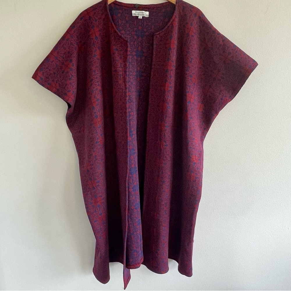 World Market Women's Kimono Cardigan Sweater Burgundy/Blue Abstract Pattern O/S